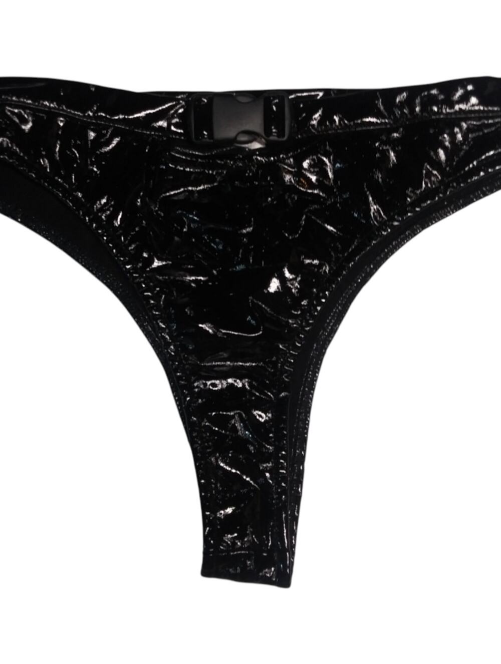 iHeartRaves Shiny Black Patent Thong With Buckle Rave Costume Size L